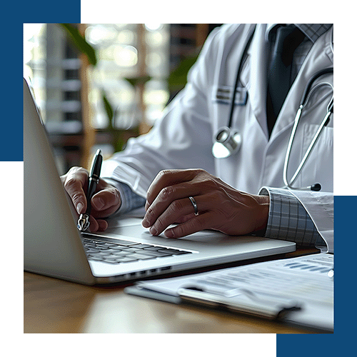 doctor-on-computer-at-desk-graphic doctor at desk filling out underwriting application