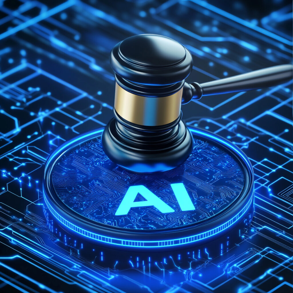 legal gavel coming down on graphic of ai