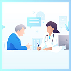 Physician documenting care with elderly patient