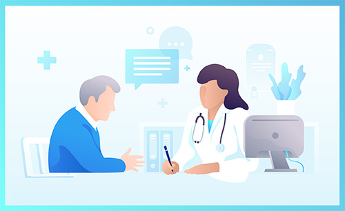 Physician documenting care with elderly patient